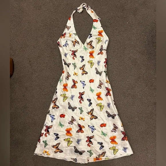 Y2K Vintage Poleci Silk Butterfly Babydoll Midi Dress - Picture 2 of 10